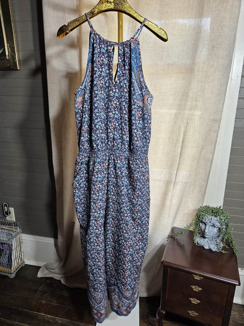 Eyeshadow Navy Blue Floral Halter Jumpsuit with Coral Accents